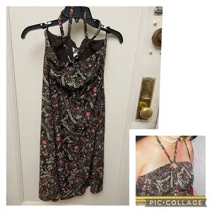 Halter Dress Vintage Y2K with Paisley Floral Print Brown Red Cream
